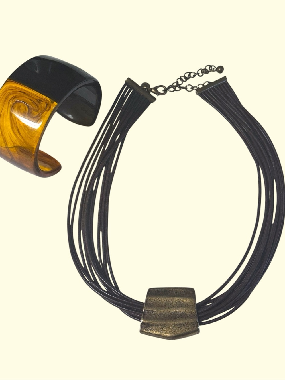 Chico’s Vintage 00’s Brown Leather Multi-Strand Necklace w/Gold Pendant + Cuff